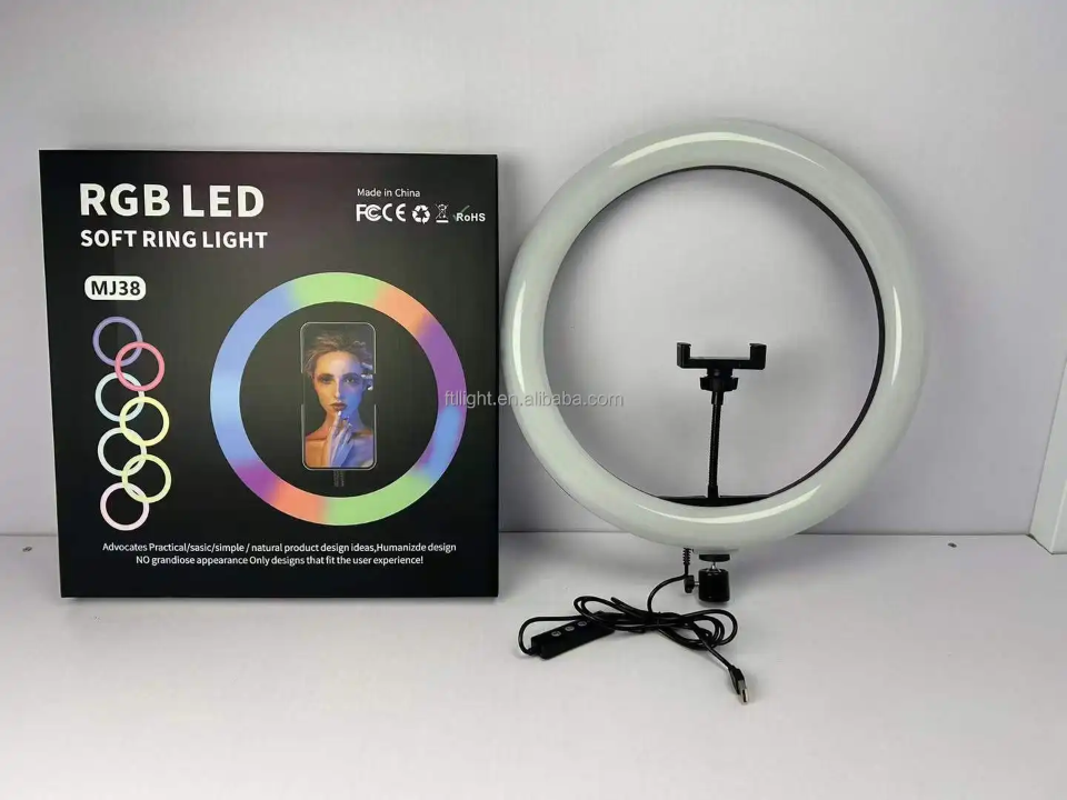 RGB LED Soft Ring Light MJ33 – 10" Colorful Ring Light with Phone Holder – back view – Circuit City