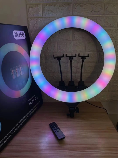 RGB LED Soft Ring Light MJ33 – 10" Colorful Ring Light with Phone Holder – front view – Circuit City