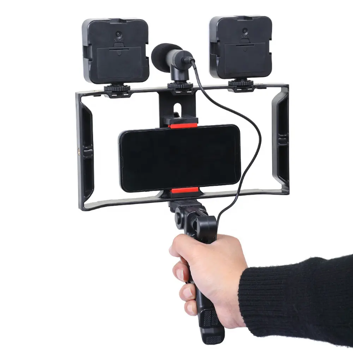 Smartphone Video Rig Kit with Dual LED Lights & Microphone – front view – Circuit City