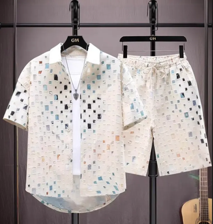 Men's Printed Short Sleeve Shirt & Shorts Set – 2-Piece Summer Casual Outfit – detail view – Circuit City