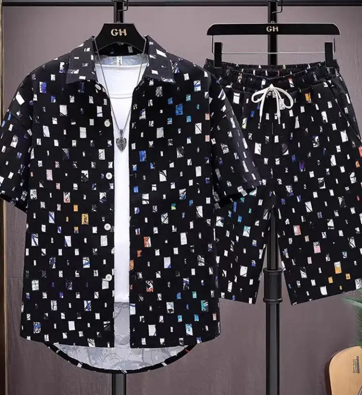 Men's Printed Short Sleeve Shirt & Shorts Set – 2-Piece Summer Casual Outfit – lifestyle view – Circuit City