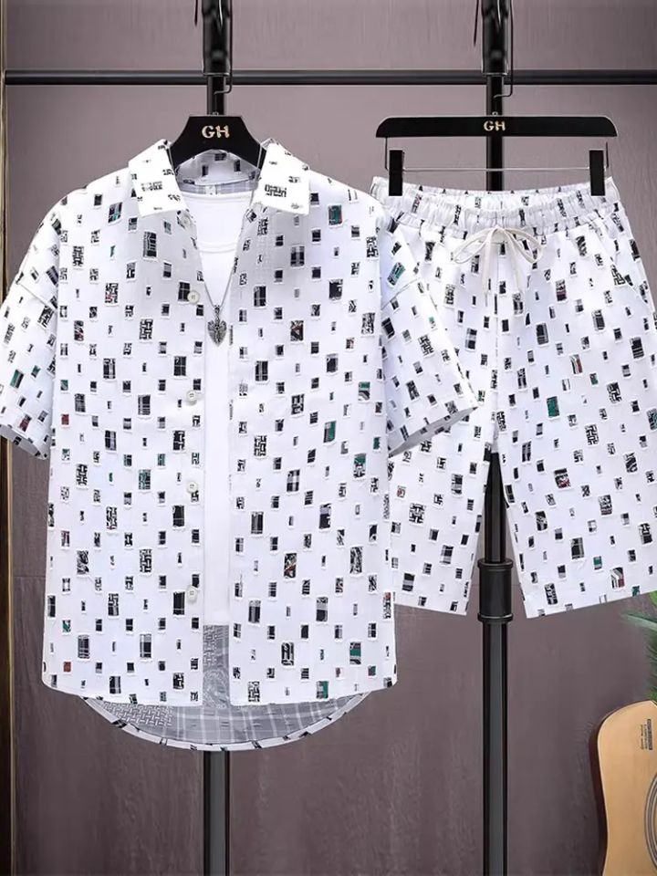 Men's Printed Short Sleeve Shirt & Shorts Set – 2-Piece Summer Casual Outfit – lifestyle view – Circuit City