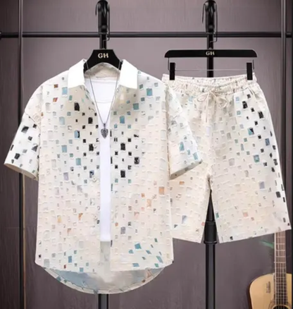 Men's Printed Short Sleeve Shirt & Shorts Set – 2-Piece Summer Casual Outfit – lifestyle view – Circuit City