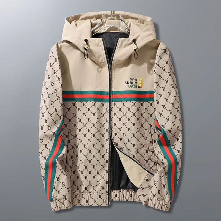 Elevate your streetwear game with this bold monogram print zip-up hoodie jacket – side view – Circuit City