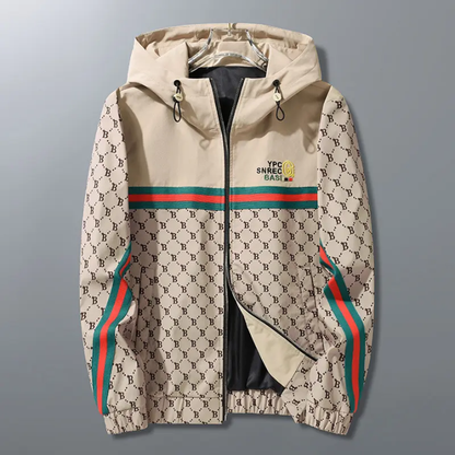 Elevate your streetwear game with this bold monogram print zip-up hoodie jacket – side view – Circuit City