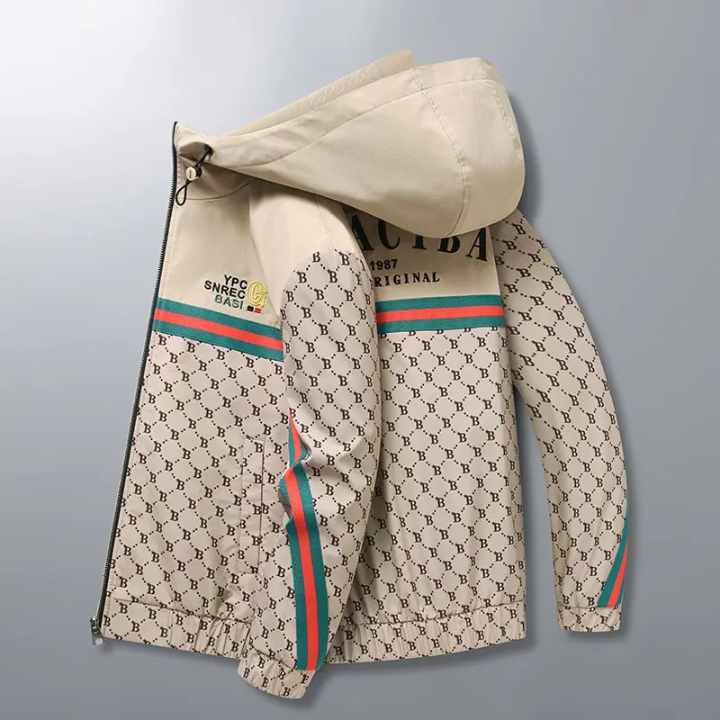 Elevate your streetwear game with this bold monogram print zip-up hoodie jacket – front view – Circuit City