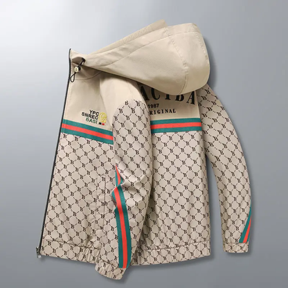 Elevate your streetwear game with this bold monogram print zip-up hoodie jacket – front view – Circuit City