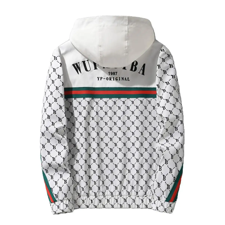 Elevate your streetwear game with this bold monogram print zip-up hoodie jacket – detail view – Circuit City