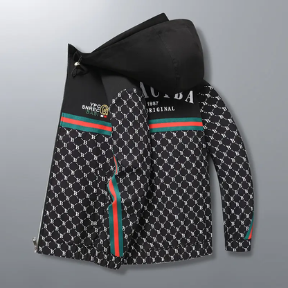 Elevate your streetwear game with this bold monogram print zip-up hoodie jacket – lifestyle view – Circuit City