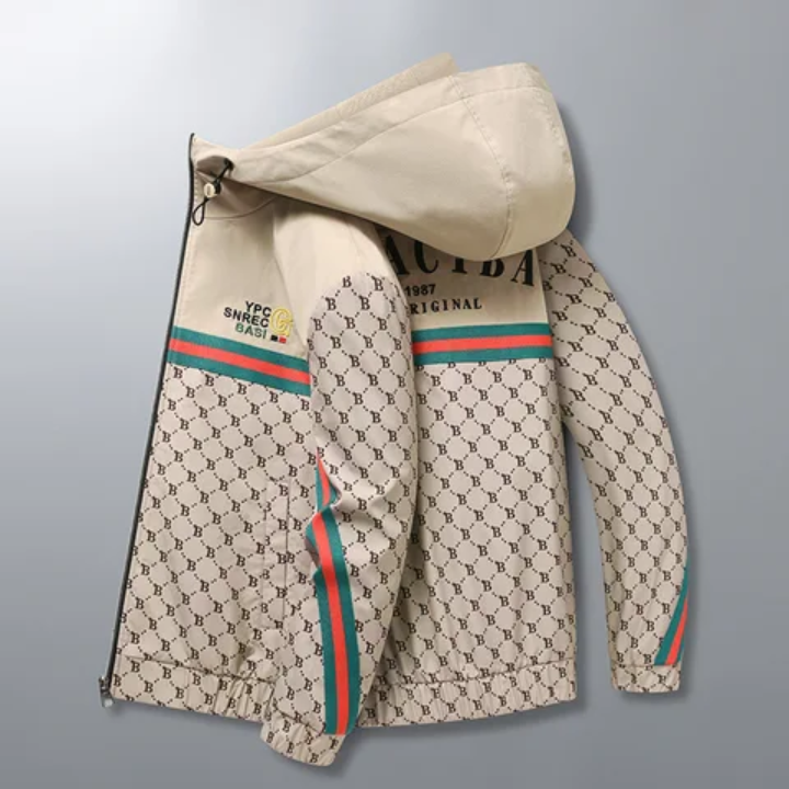 Elevate your streetwear game with this bold monogram print zip-up hoodie jacket – lifestyle view – Circuit City