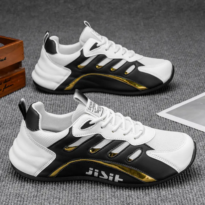 JISIT Men's Sneakers – White, Black & Gold Athletic Shoes – side view – Circuit City